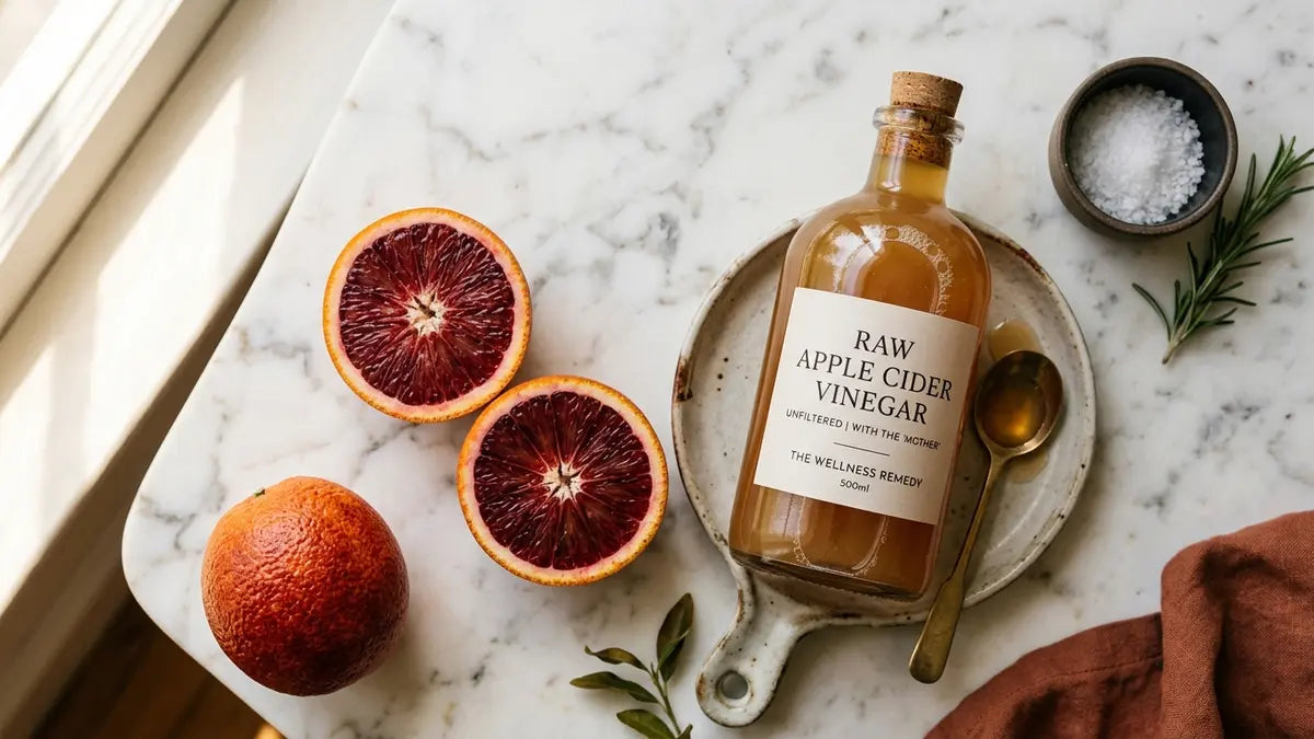 Morosil et vinaigre de cidre : oranges sanguines et bouteille sur marbre