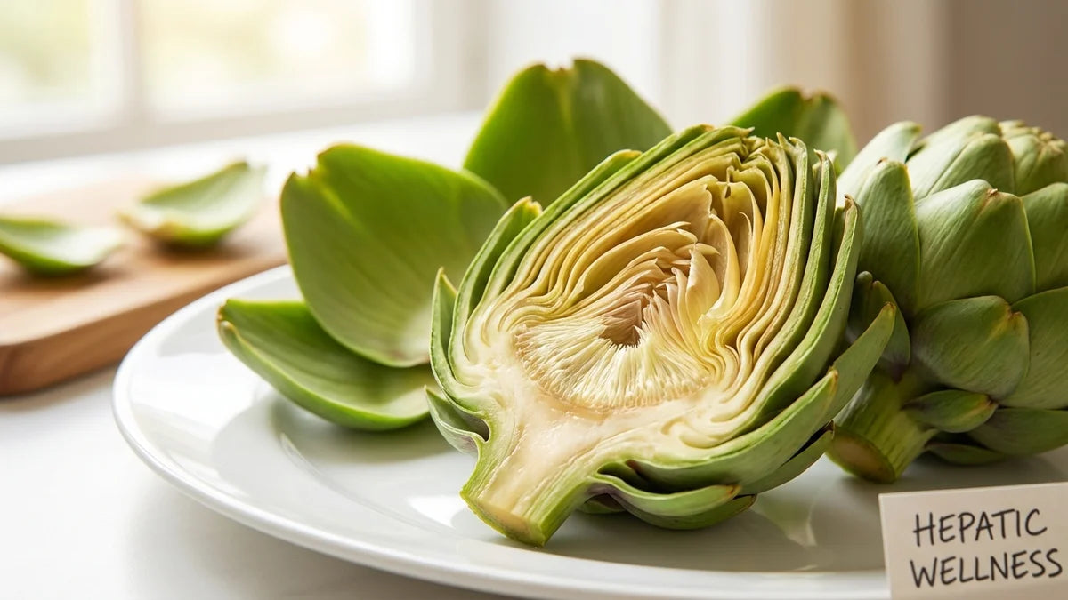 Cœur d'artichaut frais en coupe transversale montrant ses couches, feuilles vertes vibrantes, concept de santé hépatique