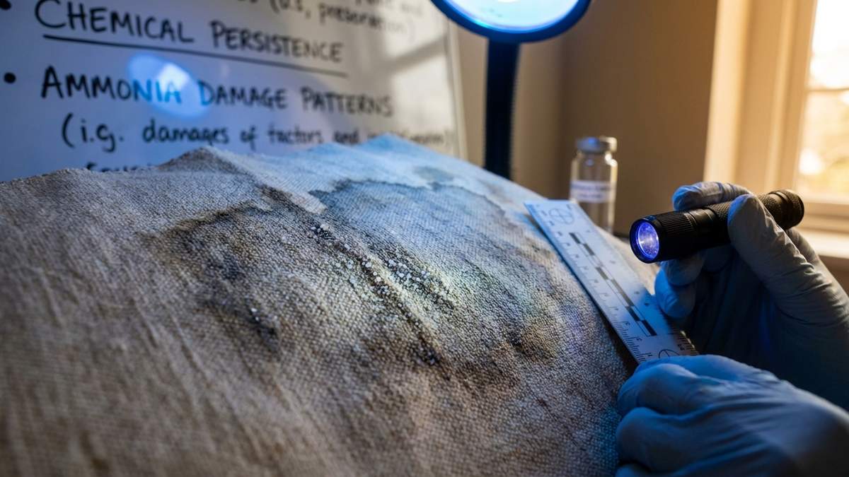 Tissu taché d'urine de chat avec cristaux visibles montrant les dégâts de l'ammoniaque