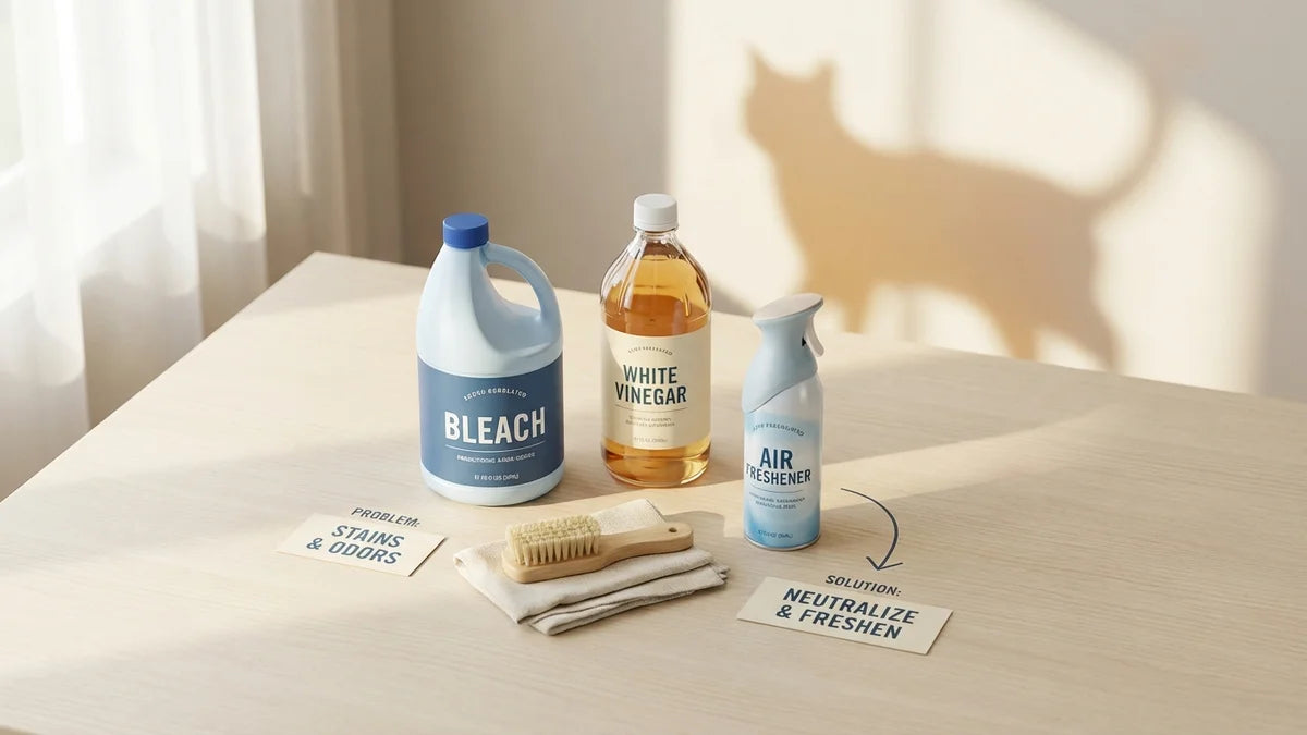 Produits nettoyage (eau de Javel, vinaigre) qui aggravent odeur urine chat sur surface claire