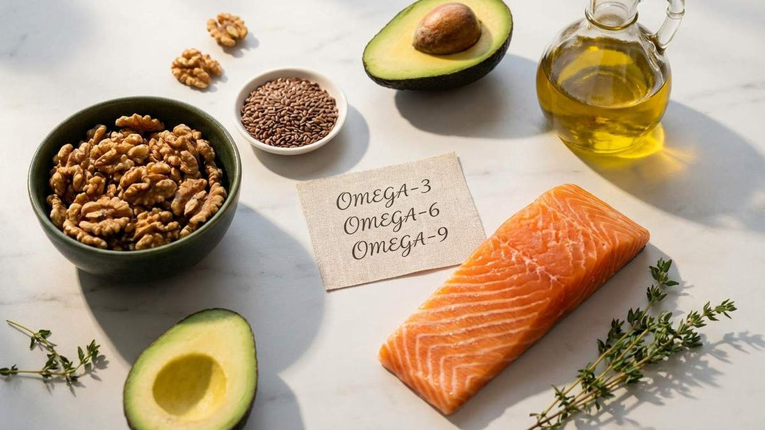 Ingrédients riches en oméga 3, 6 et 9 : saumon, noix, graines de lin, avocat et huile d'olive