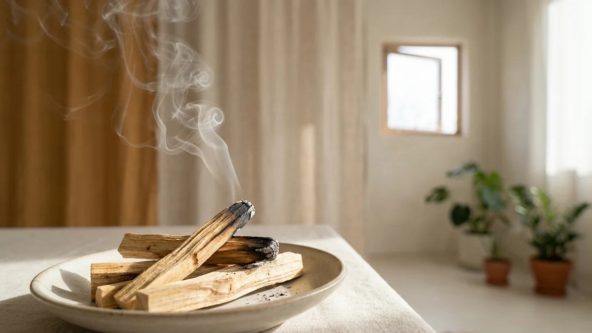 Bâtons de palo santo qui brûlent doucement dans une pièce bien aérée, illustrant l'utilisation saine et consciente