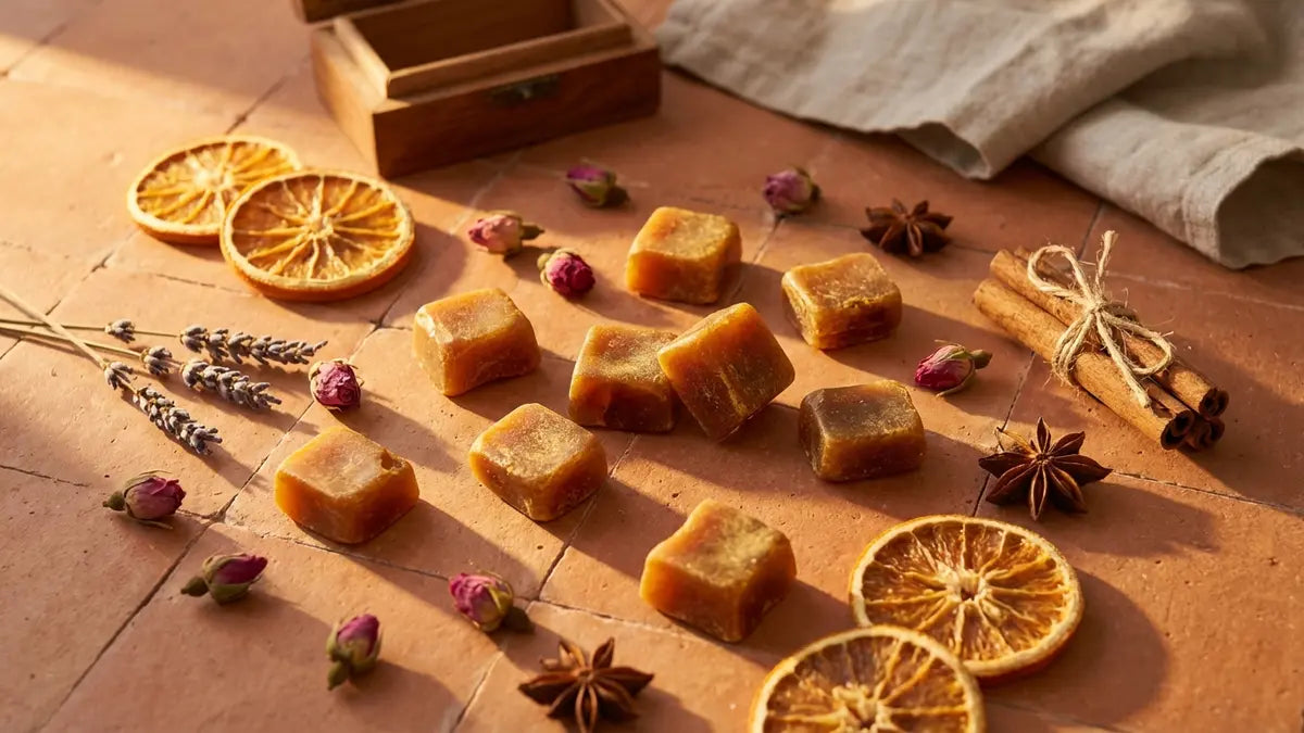 Carrés d'ambre marocain artisanaux sur surface terracotta avec botaniques et bâtons de cannelle, parfum naturel