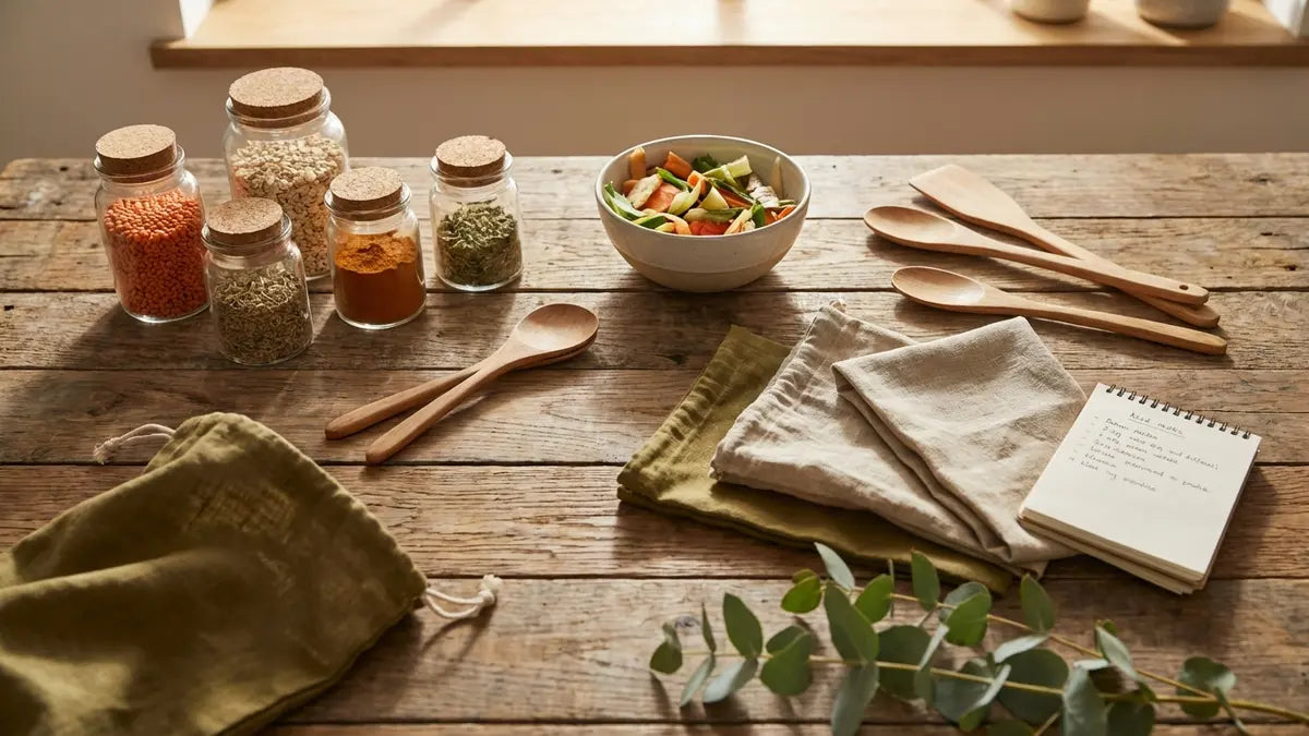 Cuisine zéro déchet avec bocaux verre, ustensiles bois et sacs tissu sur table naturelle