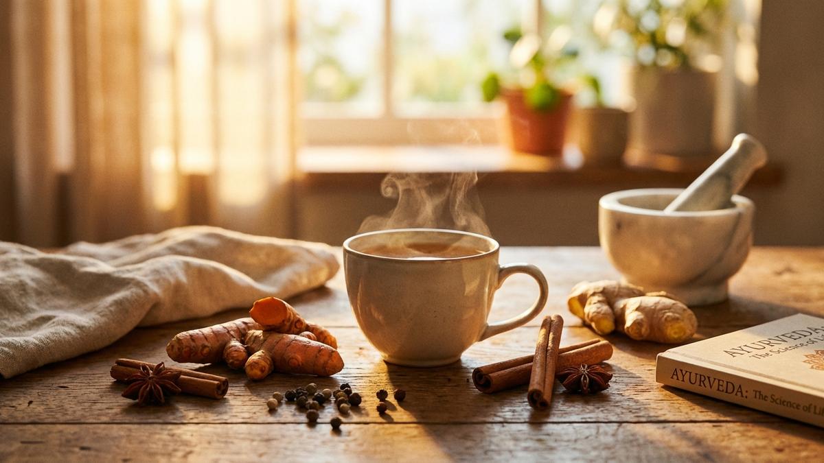 Épices ayurvédiques et thé herbal pour perte de poids naturelle sur bois