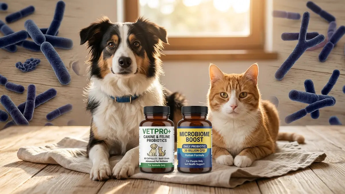 Chien et chat avec probiotiques humains et vétérinaires, comparaison suppléments digestifs animaux