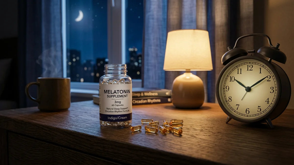 Gélules de mélatonine sur surface en bois avec horloge de nuit pour illustrer la prise quotidienne de mélatonine
