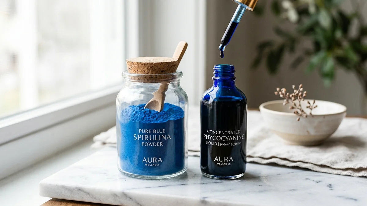 Spiruline bleue et phycocyanine concentrée en contenants comparatifs sur marbre blanc