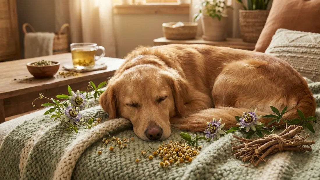 Chien relaxé entouré de plantes calmantes naturelles pour phytothérapie et gestion du stress