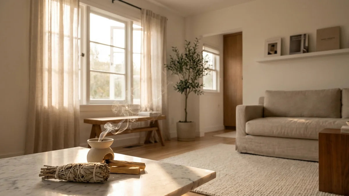 Sauge blanche et palo santo sur surface marbre avec lumière naturelle pour purifier maison