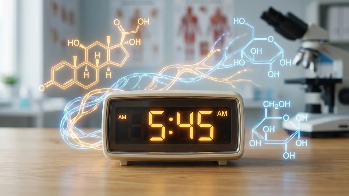 Réveil matinal avec molécules de glucose et cortisol illustrant l'hyperglycémie du matin