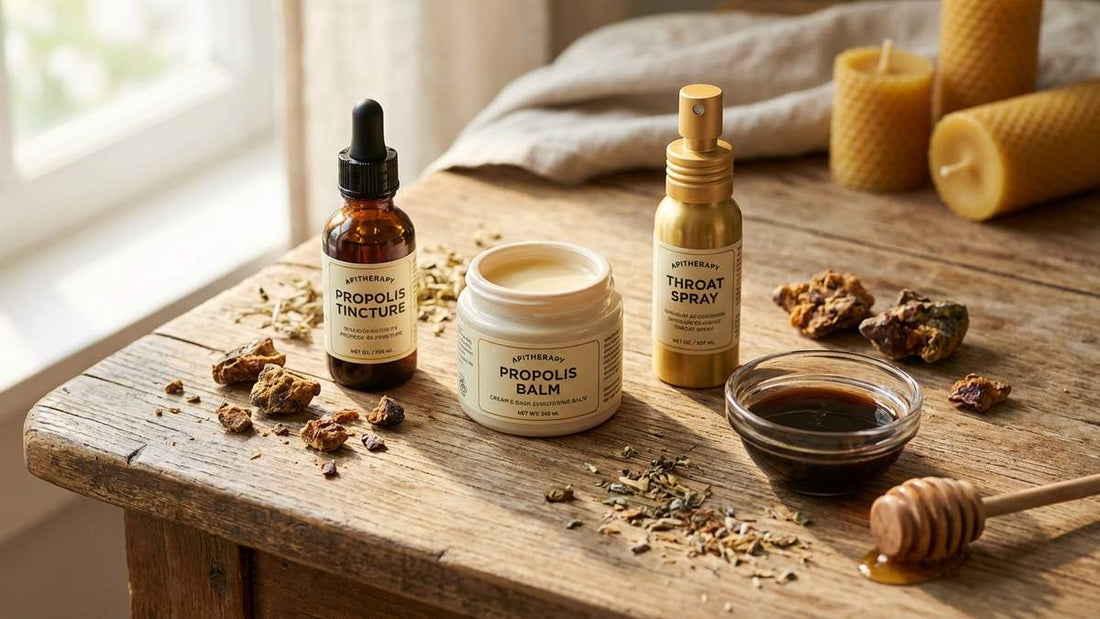 Différentes formes de propolis : teinture, baume, spray et extrait liquide sur bois naturel