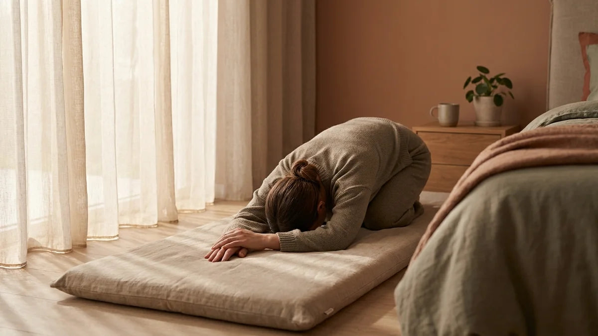 Femme en posture de yoga pour soulager les règles douloureuses sur tapis de détente