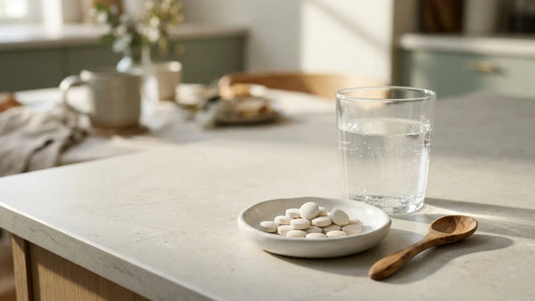 Verre d'eau, coupelle de comprimés de magnésium et cuillère en bois sur un plan de travail de cuisine lumineux, avec le petit-déjeuner flou en arrière-plan