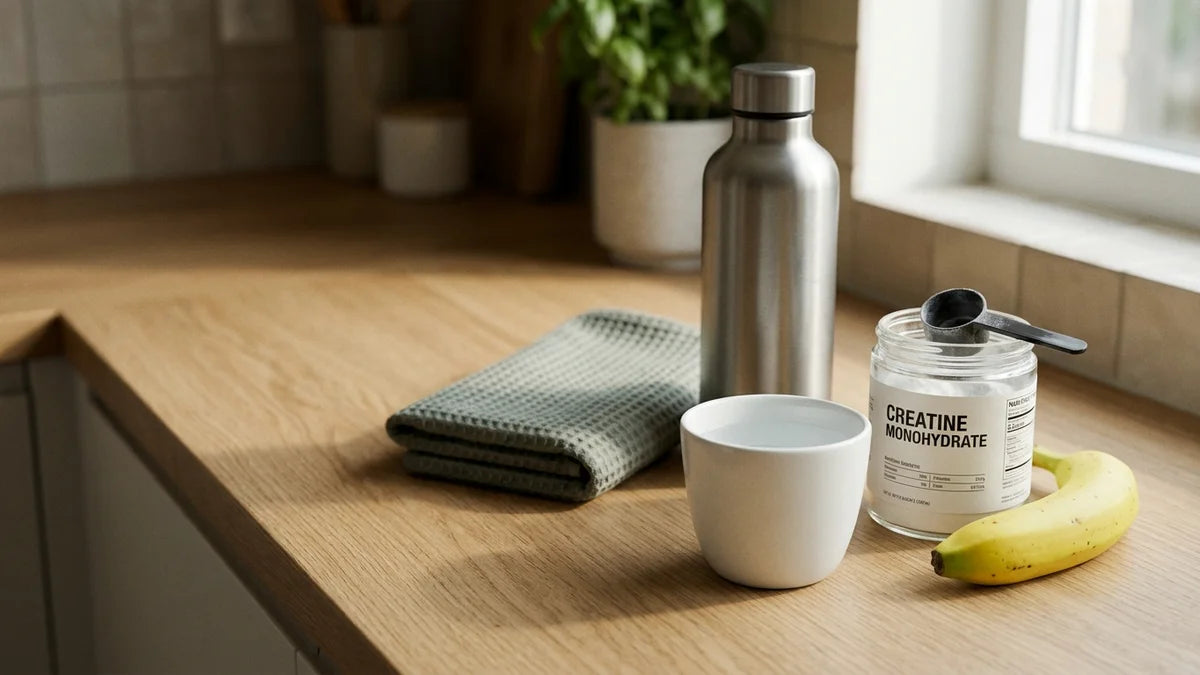 Routine matinale avec pot de créatine monohydrate, banane et gourde sur plan de travail en bois, lumière naturelle