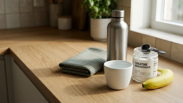 Routine matinale avec pot de créatine monohydrate, banane et gourde sur plan de travail en bois, lumière naturelle