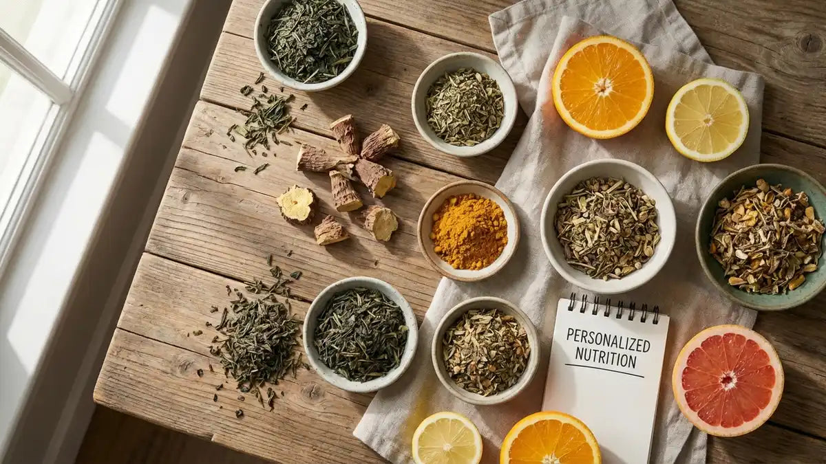 Ingrédients naturels brûleurs de graisse : thé vert, forskoline et herbes thermogéniques sur bois