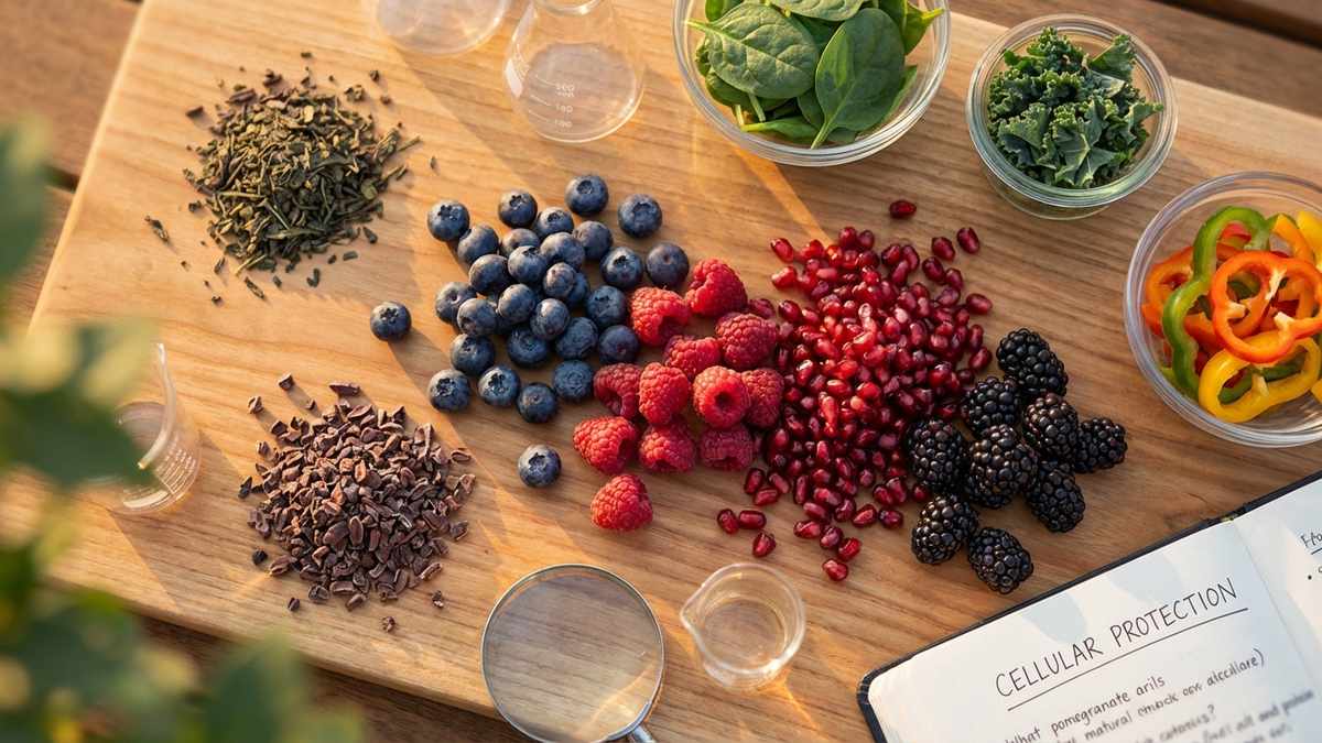 Aliments riches en antioxydants : baies, grenade, cacao et légumes colorés sur bois