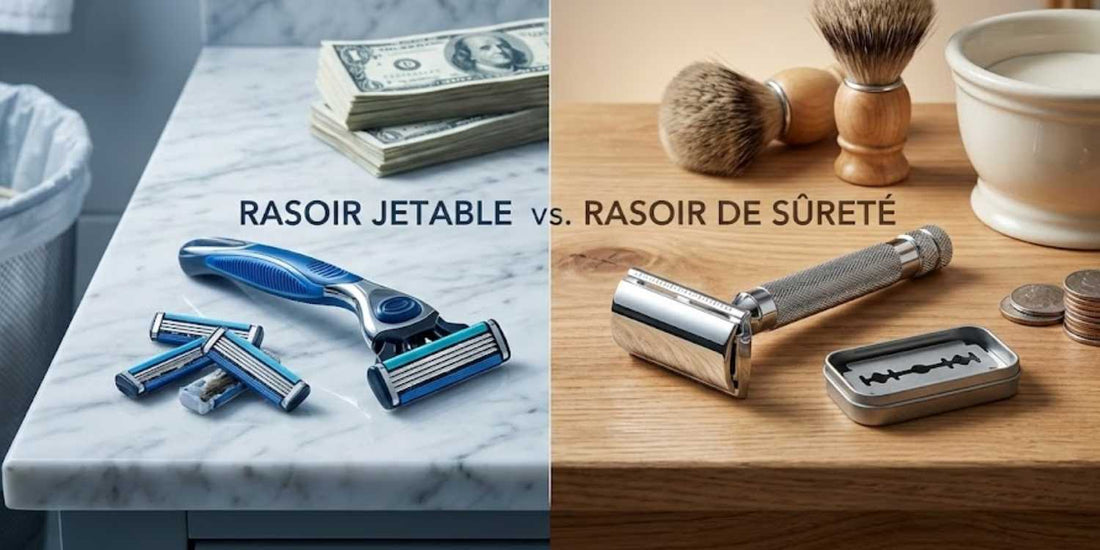 Une table avec un rasoir jetable à gauche et un rasoir de sûreté à droite, avec le sigle "versus" au milieu