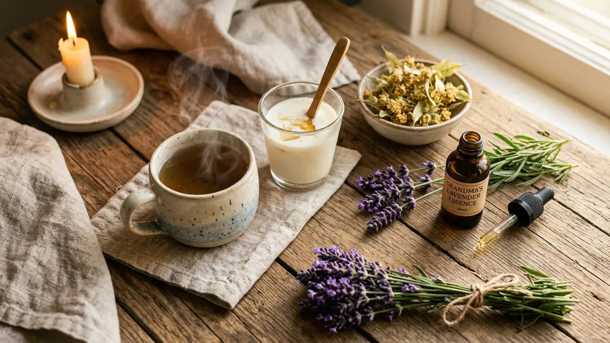Remèdes naturels contre l'insomnie : tisane de valériane, lait miel et lavande sur table rustique