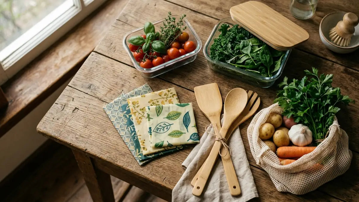 Accessoires réutilisables et légumes bio pour réduire déchets en cuisine