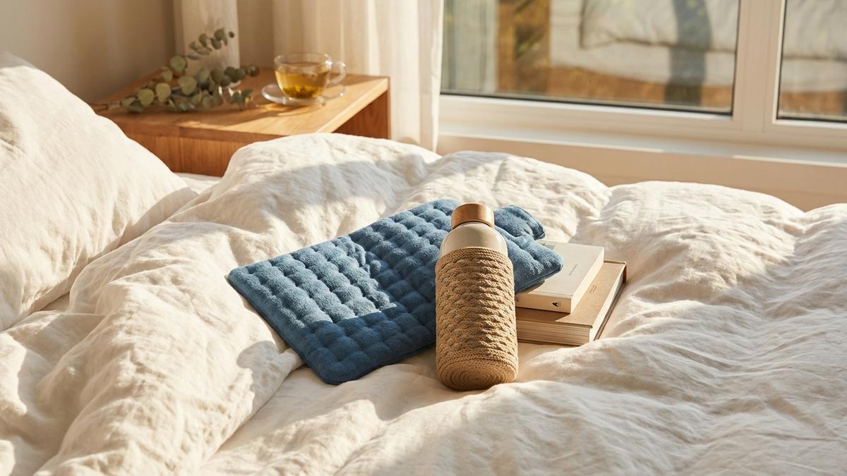 Bouillotte et bouteille d'eau sur lit blanc pour soulager les règles douloureuses