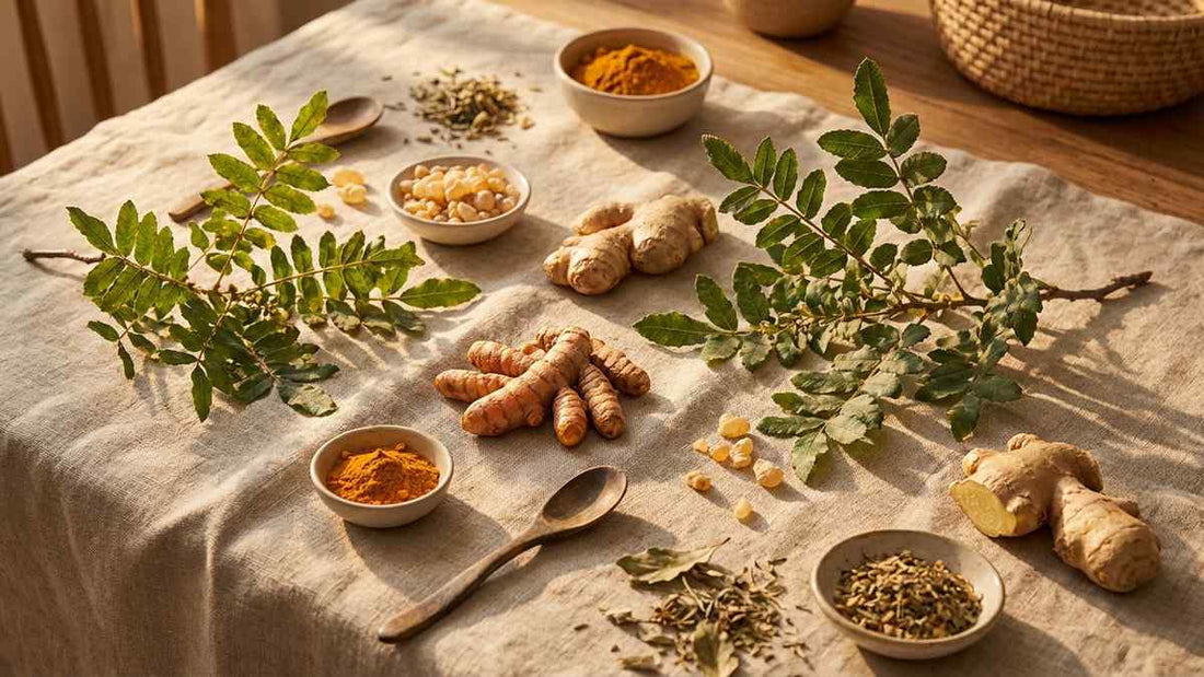 Curcuma, gingembre et boswellia frais, remèdes naturels pour douleurs articulaires