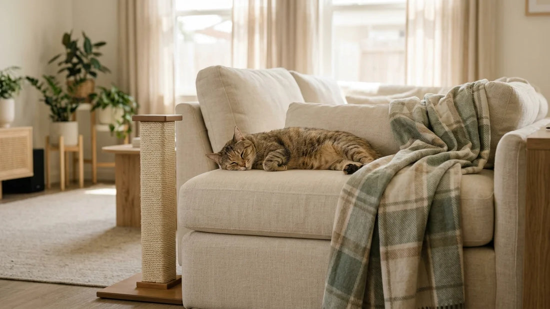 Chat tigré détendu sur un canapé en lin crème, près d'un griffoir en sisal et d'un plaid lavable, illustrant une solution répulsive douce

Décompte : environ 124 caractères, dans la limite de 125.