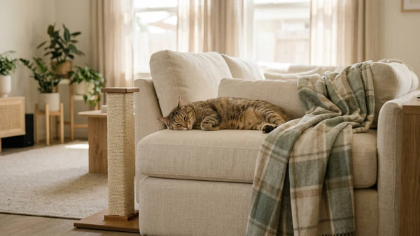 Chat tigré détendu sur un canapé en lin crème, près d'un griffoir en sisal et d'un plaid lavable, illustrant une solution répulsive douce

Décompte : environ 124 caractères, dans la limite de 125.