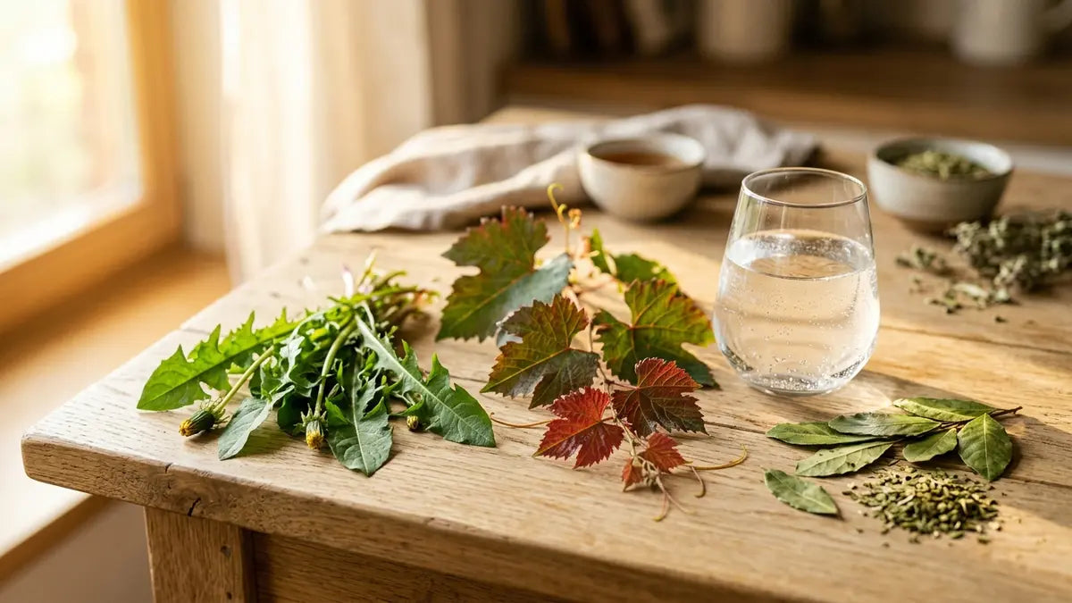 Ingrédients naturels pour éliminer la rétention d'eau : feuilles de pissenlit, raisins rouges et maté