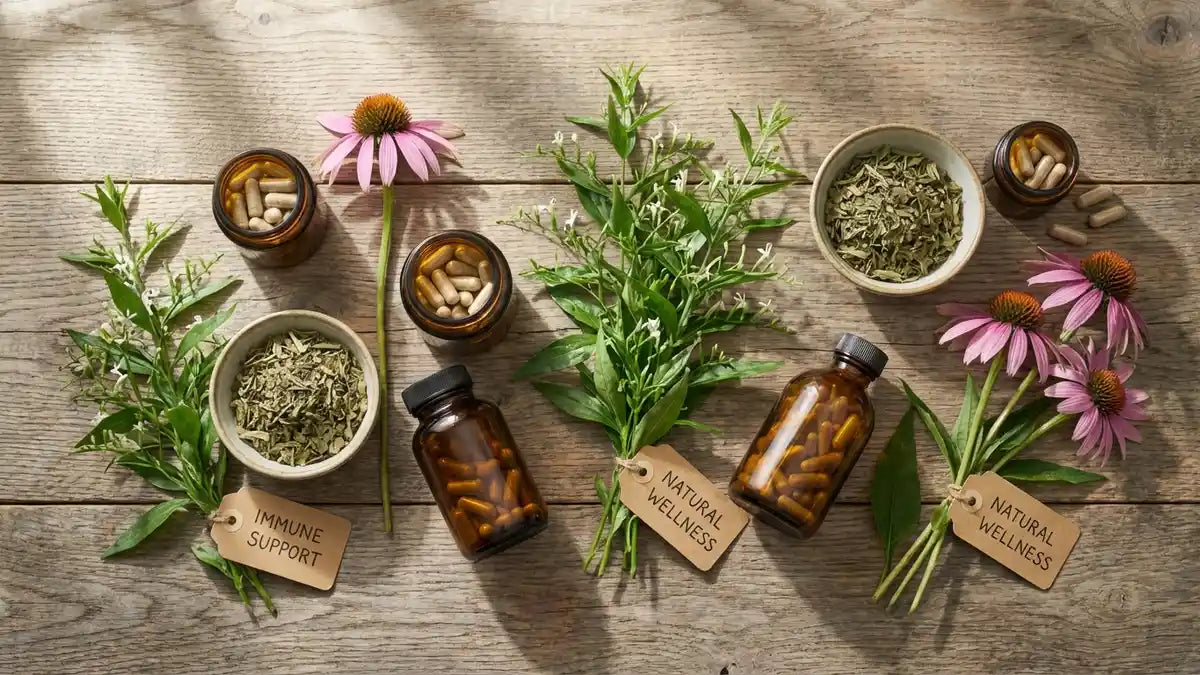 Andrographis et échinacée séchées avec capsules sur bois pour prévention rhume hivernal