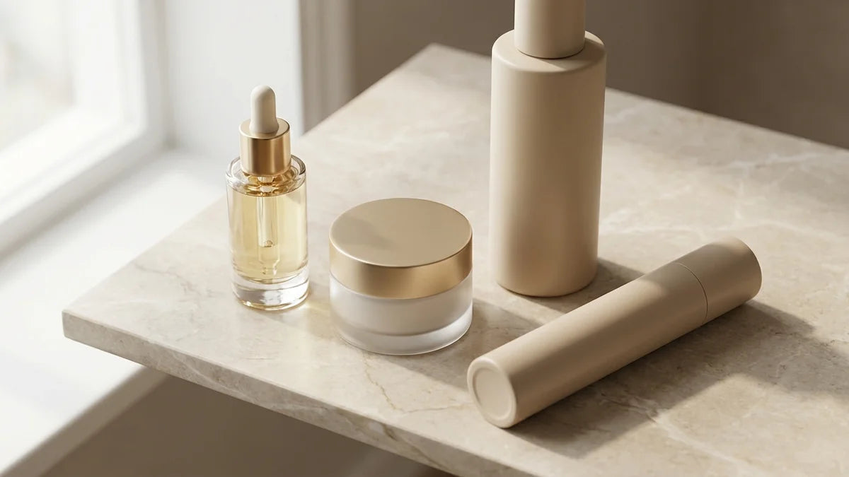 Quatre produits anti-âge essentiels : sérum, crème, nettoyant et SPF sur marbre blanc