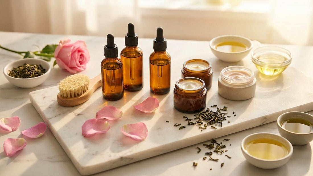 Produits de soin bio arrangés sur marbre avec ingrédients naturels pour routine visage éclatante