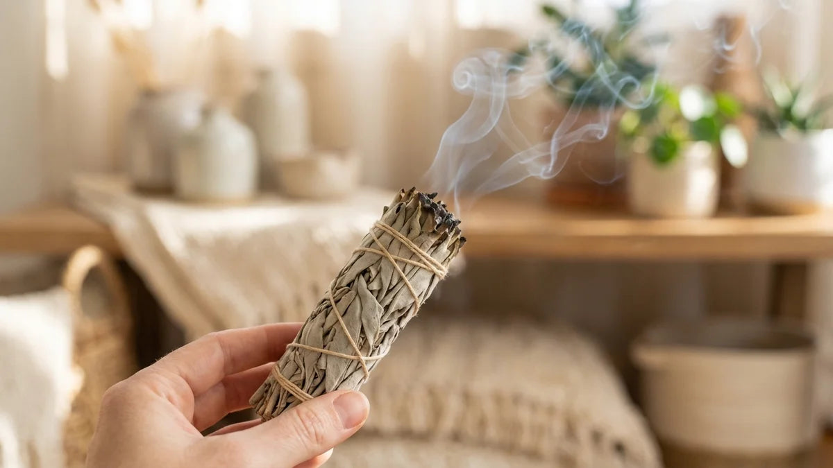 Sauge blanche (Salvia apiana) en combustion dégageant de la fumée aromatique pour la purification