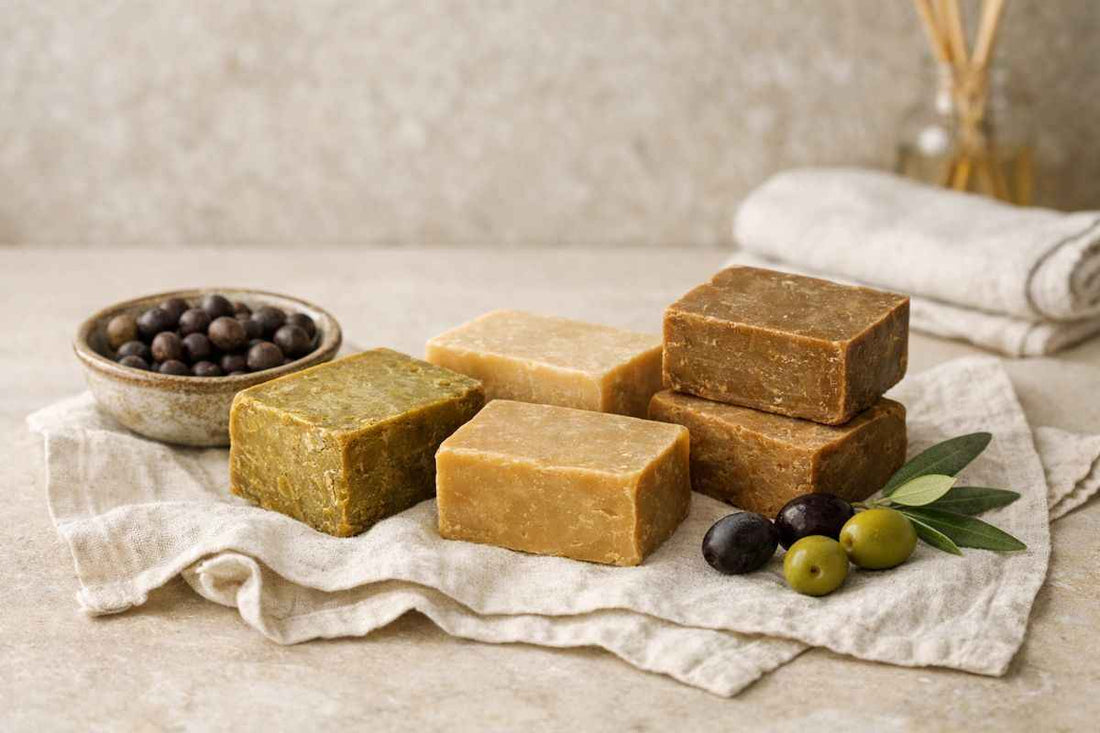 Des savon d'alep posés sur une table en marbre