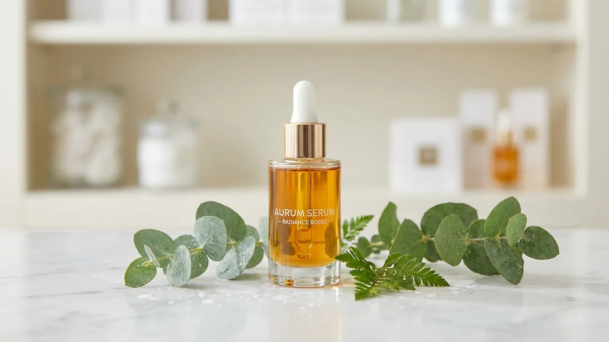 Sérum anti-imperfections doré en flacon compte-gouttes sur marbre blanc avec botaniques