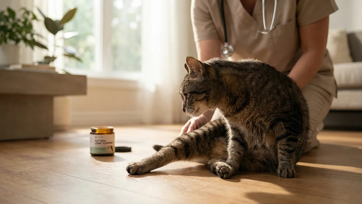 Chat arthrosique en mobilité douce, silicium et oméga-3 pour améliorer la flexibilité articulaire féline