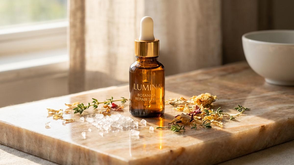 Sérum contour des yeux anti-rides luxueux avec extraits botaniques sur marbre