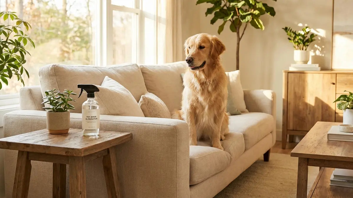 Chien golden retriever propre sur canapé avec spray anti-odeur pour animaux de compagnie