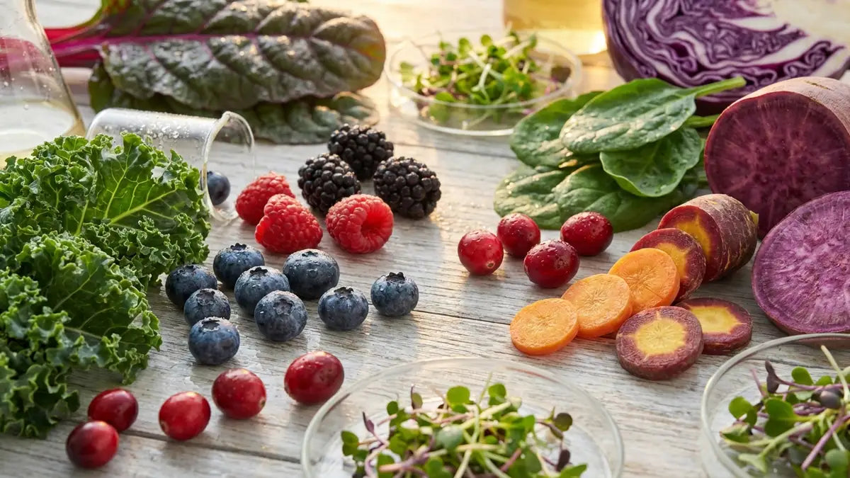 Aliments antioxydants frais et colorés arrangés pour réduire le stress oxydatif naturellement