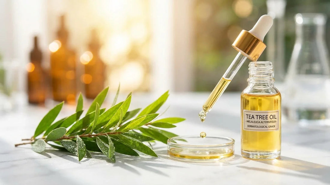 Huile essentielle tea tree et feuilles fraîches sur marbre blanc, dosage et bienfaits validés