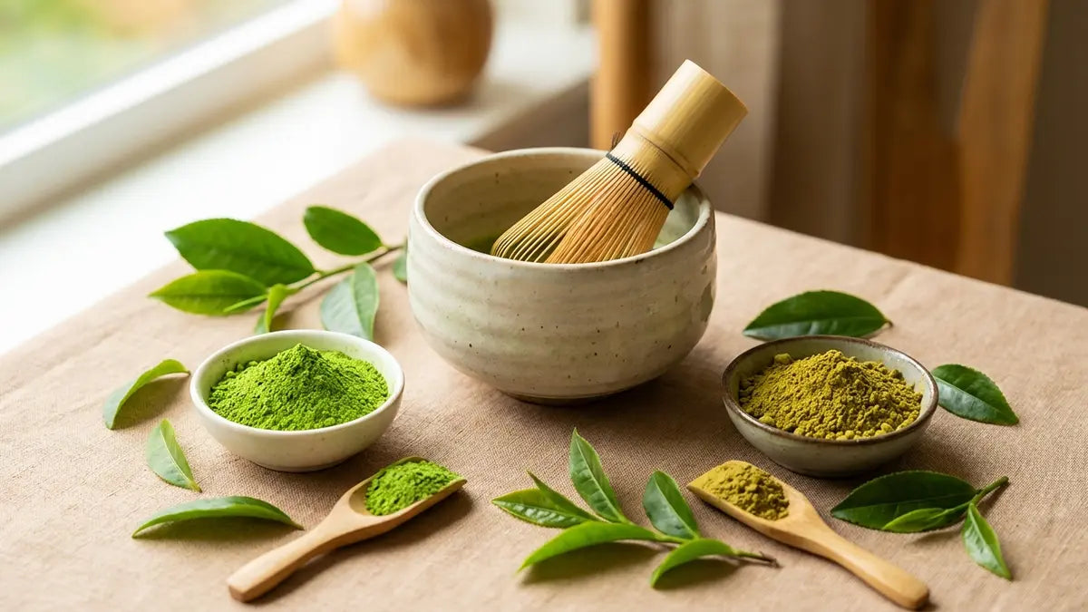 Poudre matcha cérémonielles premium dans bol en céramique avec fouet bambou et comparaison qualités