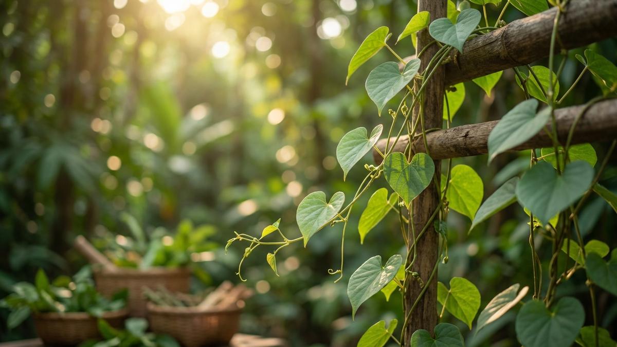 Tinospora cordifolia (guduchi) plante grimpante feuilles en cœur médecine ayurvédique