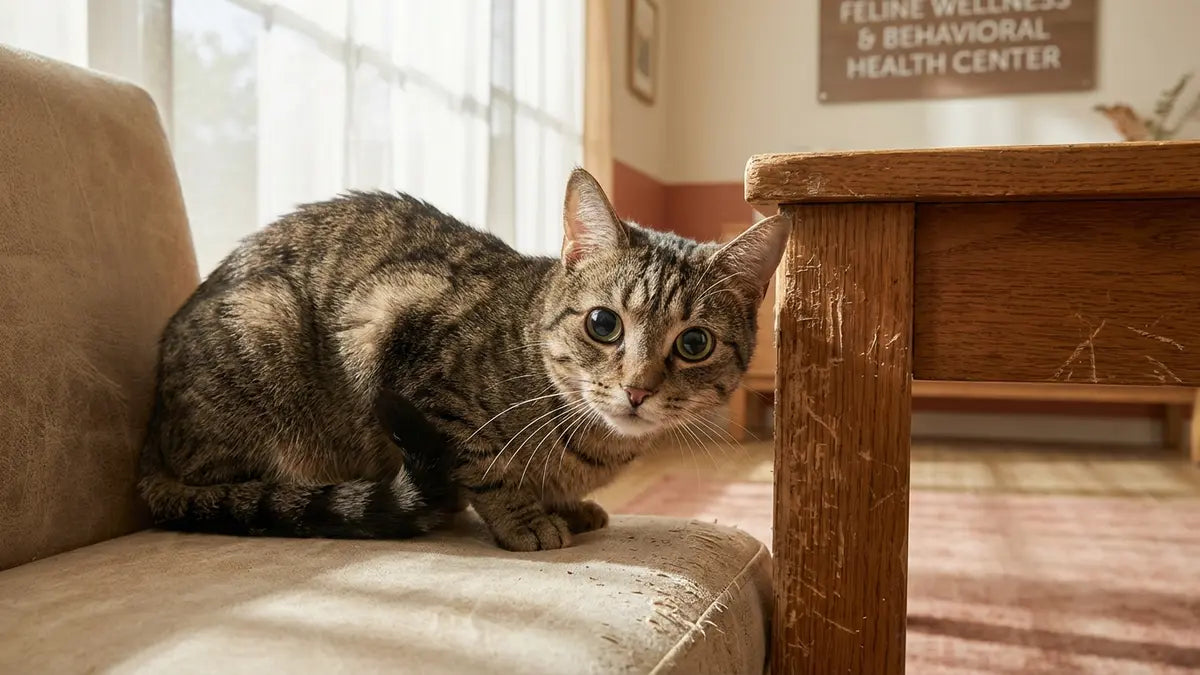Chat tabby stressé aux yeux dilatés près de meubles rayés, comportement félin anxieux