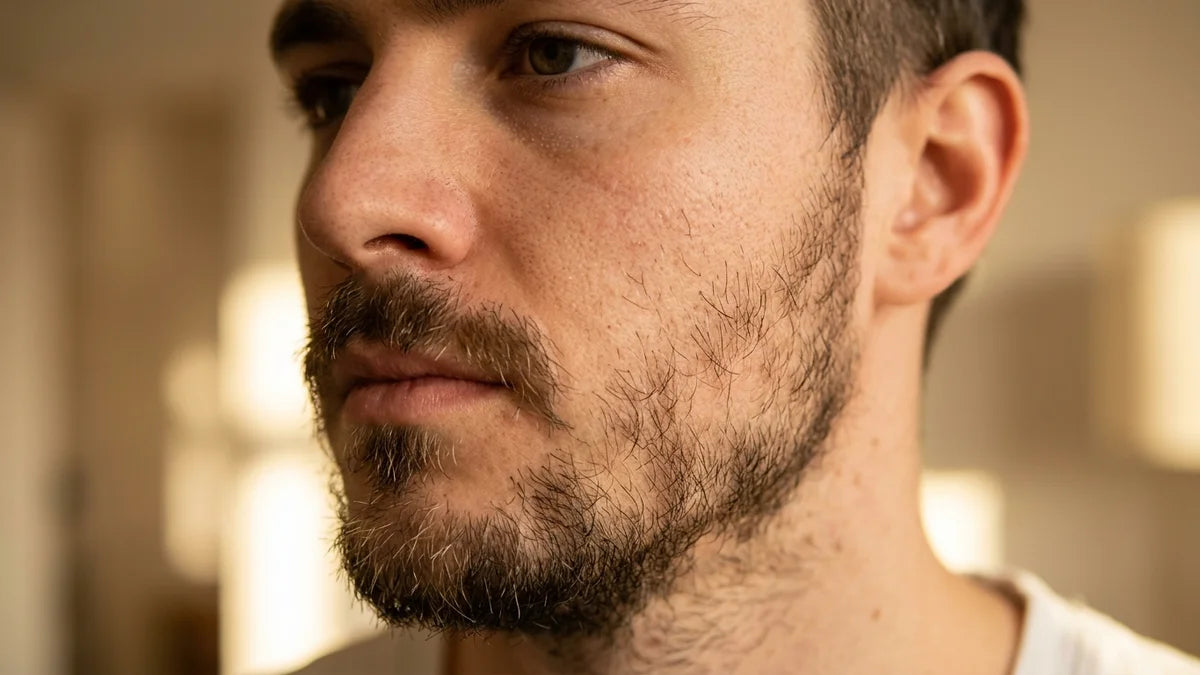 Barbe clairsemée avec trous visibles sur les joues et la mâchoire, montrant les zones creuses