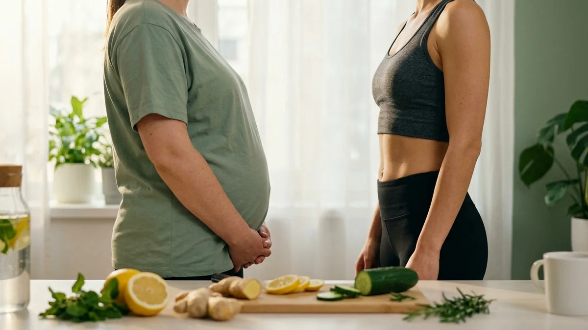 Ventre gonflé vs ventre plat avec ingrédients détox citron gingembre concombre