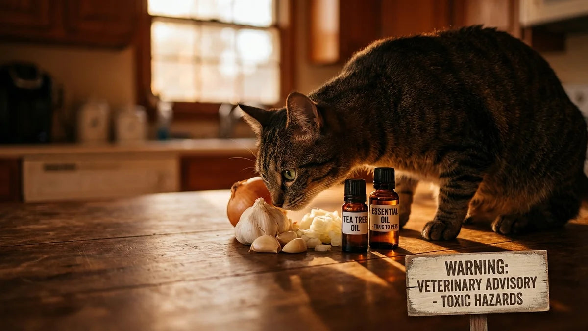Chat tabulé renifle des ingrédients naturels toxiques : ail, oignons et huile d'arbre à thé