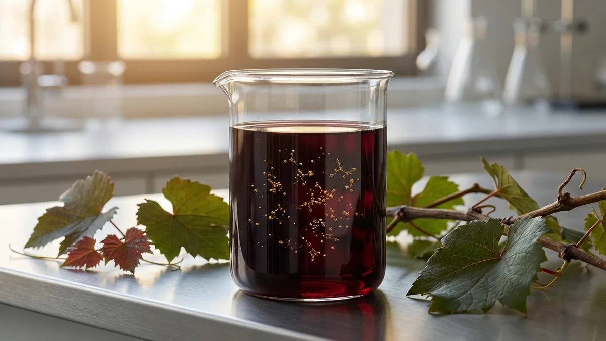 Extrait de vigne rouge avec polyphénols en beaker, feuilles de raisin rouge pour circulation sanguine