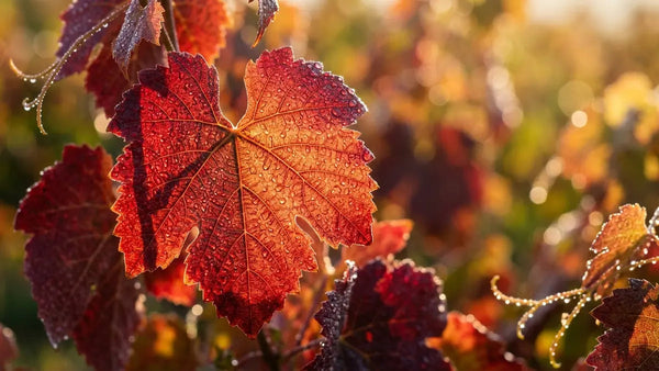 Feuilles de vigne rouge avec rosée, illustrant les bienfaits santé et cardiovasculaires au-delà des jambes lourdes