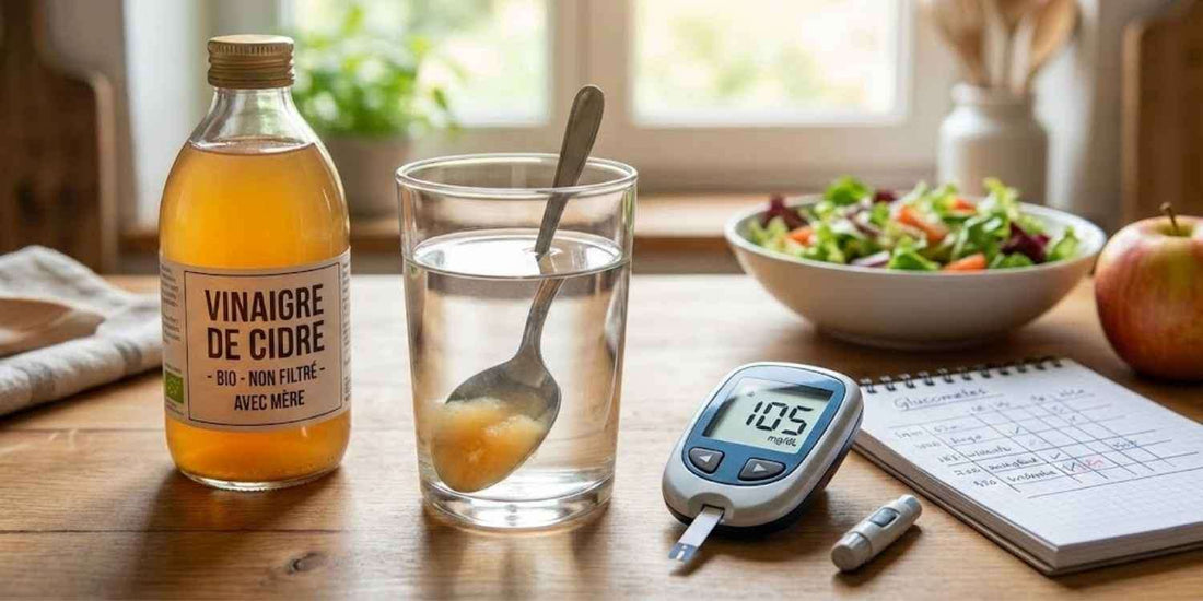 Une bouteille de vinaigre de cidre posée à côté d'un appareil qui mesure le taux de sucre dans le sang